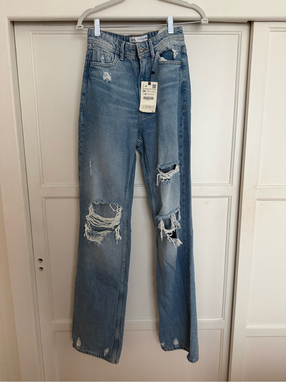 Zara Light Blue Distressed Wide-Leg Jeans